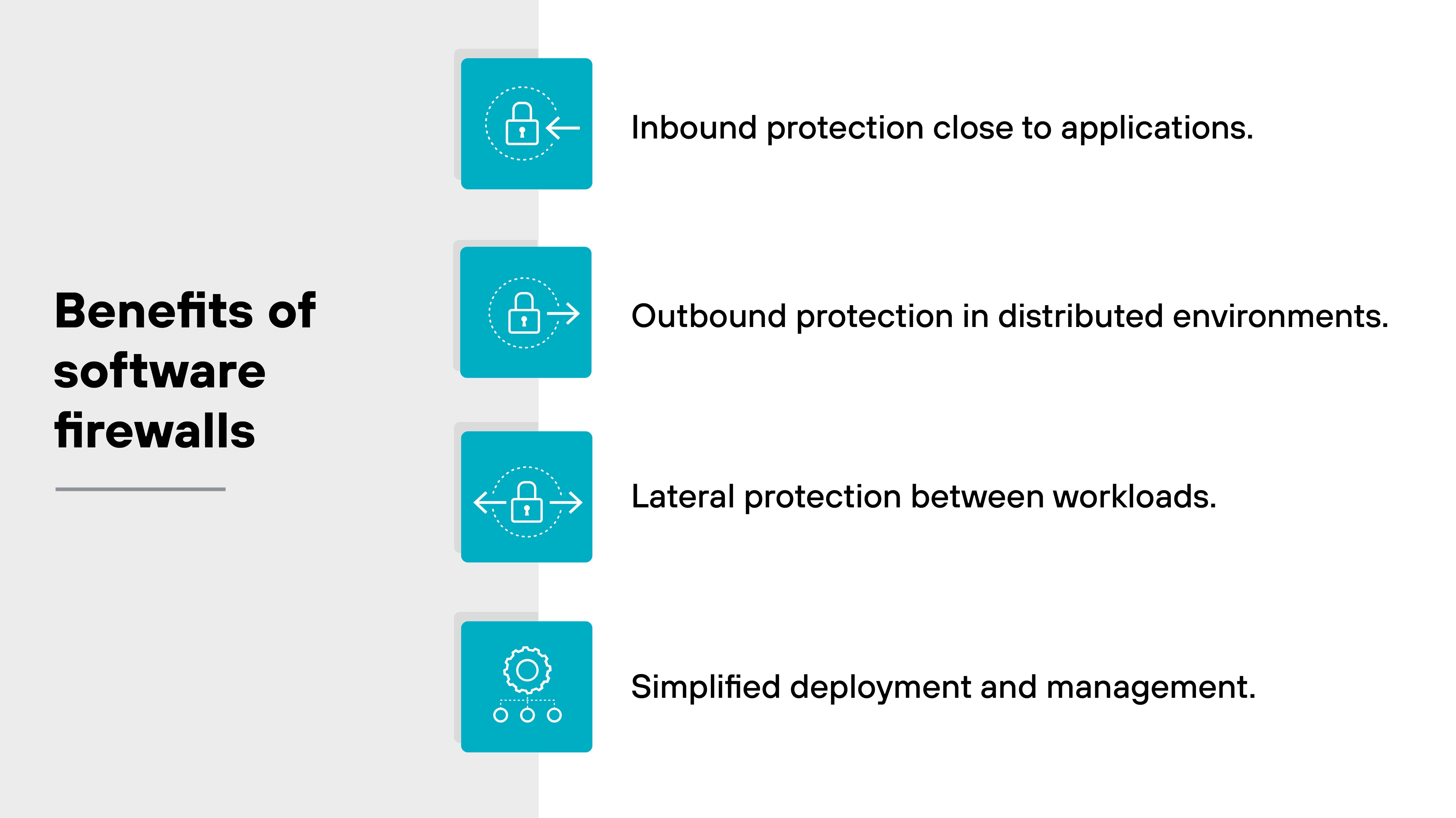 Graphic titled 'Benefits of software firewalls' with four blue square icons on the left, each containing a white padlock symbol. To the right of each icon is descriptive text. The first icon is paired with the text 'Inbound protection close to applications.' The second icon is paired with the text 'Outbound protection in distributed environments.' The third icon is paired with the text 'Lateral protection between workloads.' The fourth icon is paired with the text 'Simplified deployment and management.' The layout is organized in a vertical list, with the icons aligned in a column and the text aligned to their right. Graphic titled 'Benefits of software firewalls' with four blue square icons on the left, each containing a white padlock symbol. To the right of each icon is descriptive text. The first icon is paired with the text 'Inbound protection close to applications.' The second icon is paired with the text 'Outbound protection in distributed environments.' The third icon is paired with the text 'Lateral protection between workloads.' The fourth icon is paired with the text 'Simplified deployment and management.' The layout is organized in a vertical list, with the icons aligned in a column and the text aligned to their right.
