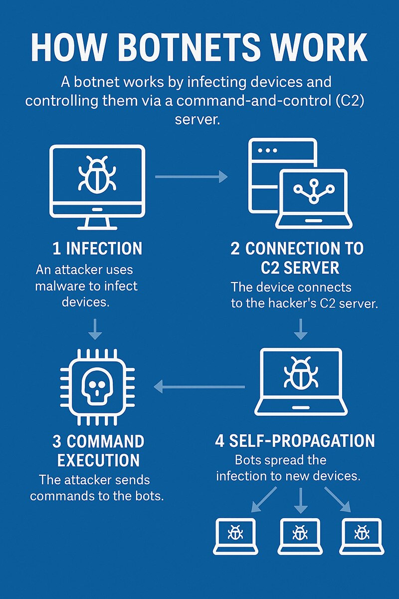 An infographic that shows how a botnet infects devices and controls them via a command-and-control server.