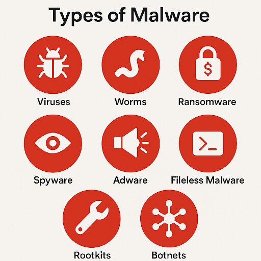 Infographic titled ‘Types of Malware’ showing nine red circular icons with white symbols, each labeled below. Icons represent Viruses (bug), Worms (curved line), Ransomware (padlock with dollar sign), Spyware (eye), Adware (megaphone), Fileless Malware (command prompt symbol), Rootkits (wrench), and Botnets (network nodes). Malware Types